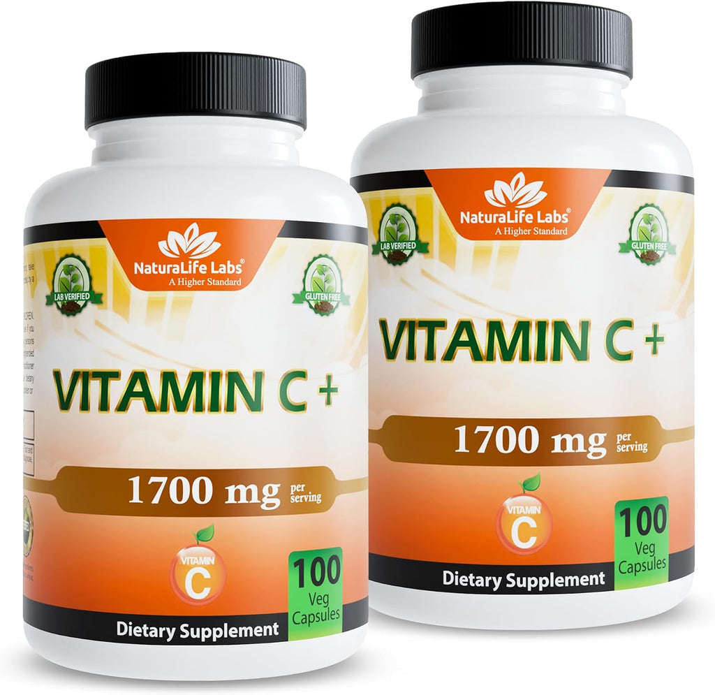 NaturaLife Labs Vitamina C con Vitamina D3, Zinc, Saúco y Jengibre – 1.700 mg por ración – 100 Cápsulas Veganas