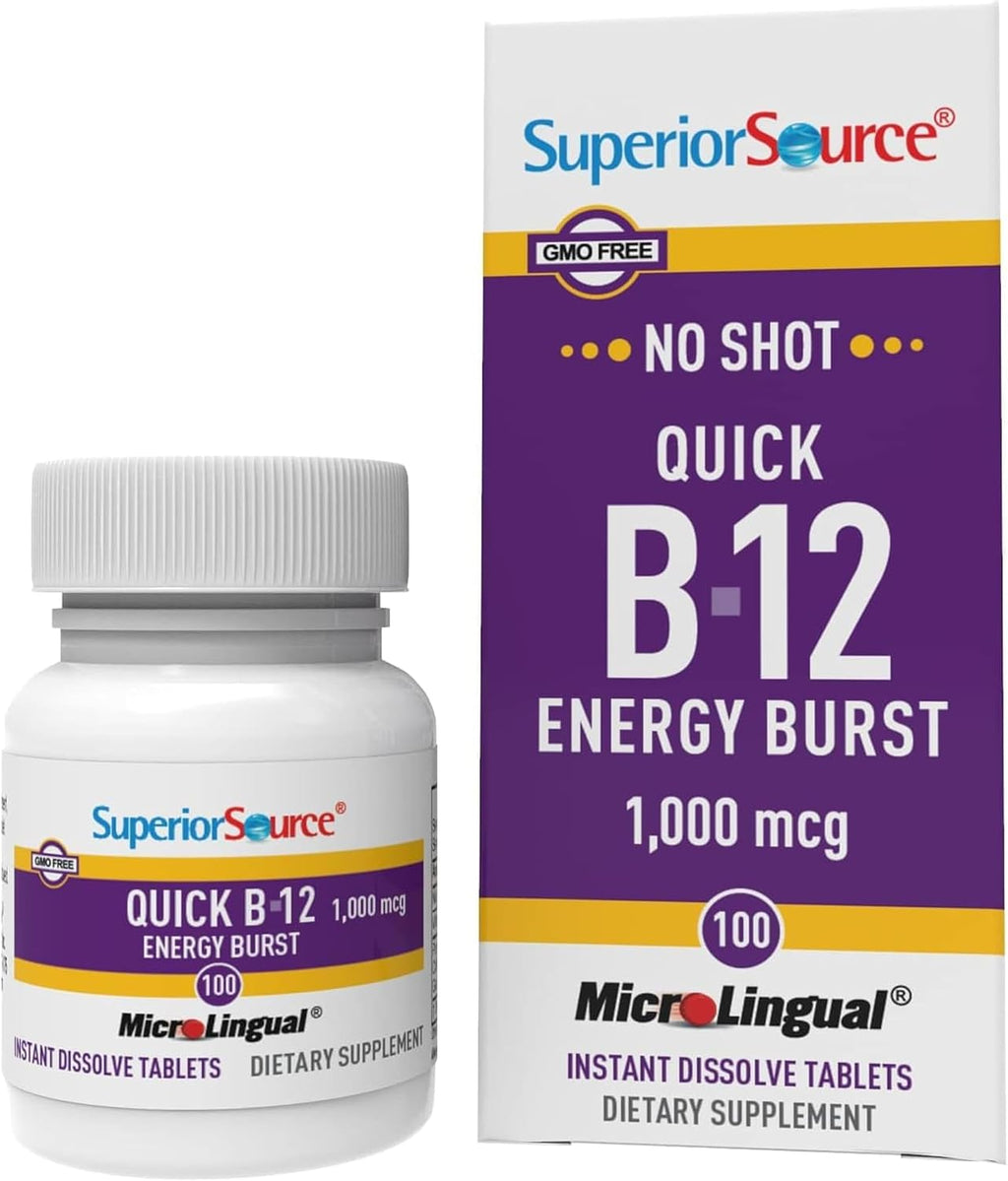 Superior Source NO Shot Quick Energy Burst B-12 1.000 mcg - Suplemento Premium para el Sistema Nervioso - Sin OGM y Sin Gluten - 100 tabletas MicroLingual de disolución instantánea