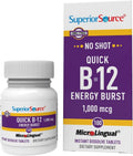 Superior Source NO Shot Quick Energy Burst B-12 1.000 mcg - Suplemento Premium para el Sistema Nervioso - Sin OGM y Sin Gluten - 100 tabletas MicroLingual de disolución instantánea