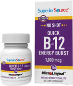 Superior Source NO Shot Quick Energy Burst B-12 1.000 mcg - Suplemento Premium para el Sistema Nervioso - Sin OGM y Sin Gluten - 100 tabletas MicroLingual de disolución instantánea