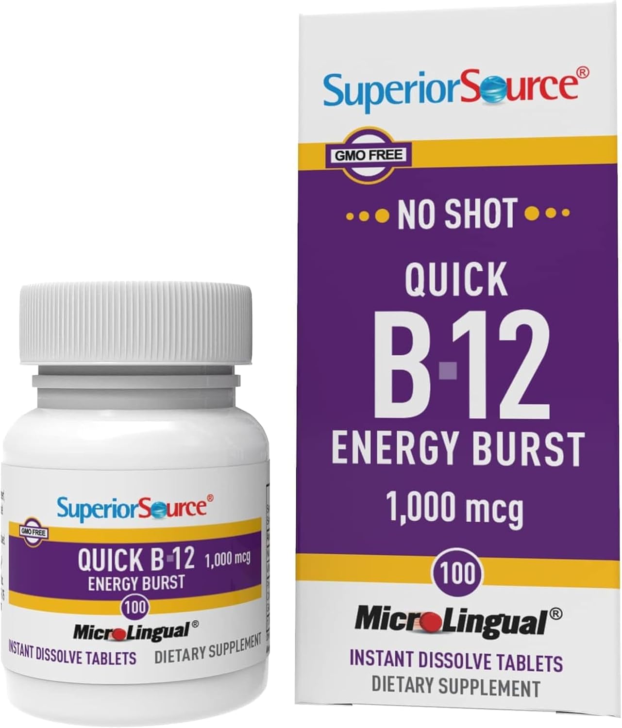 Superior Source NO Shot Quick Energy Burst B-12 1.000 mcg - Suplemento Premium para el Sistema Nervioso - Sin OGM y Sin Gluten - 100 tabletas MicroLingual de disolución instantánea