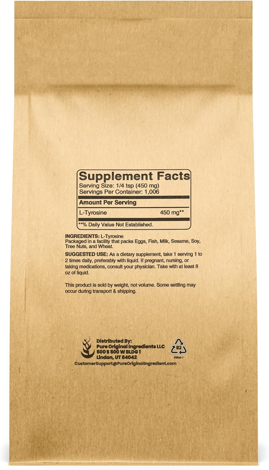 PURE ORIGINAL INGREDIENTS L-Tyrosine en Polvo (1lb) - Aminoácido No Esencial Puro