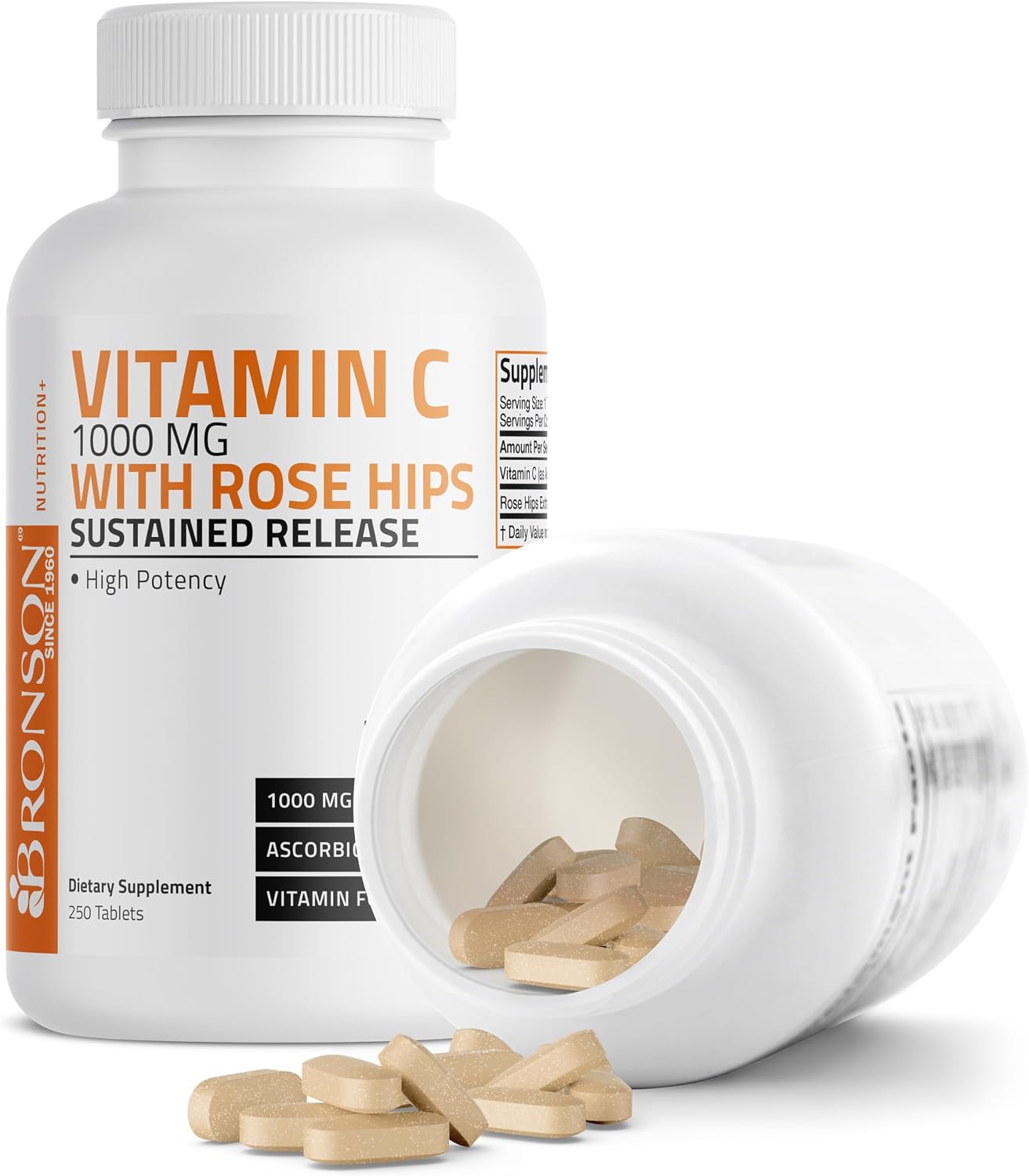 Bronson Vitamina C 1000 mg con Escaramujo - Liberación Sostenida, 250 Comprimidos