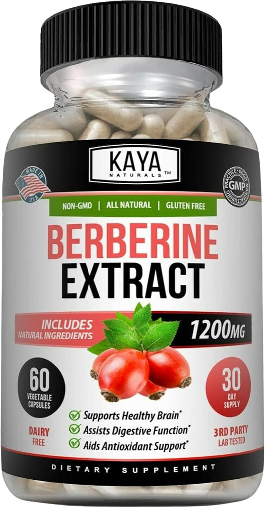 Kaya Naturals Berberina HCL Extract 1200mg - Sistema Inmunológico, Niveles de Glucosa, Salud Intestinal (60 Cápsulas)
