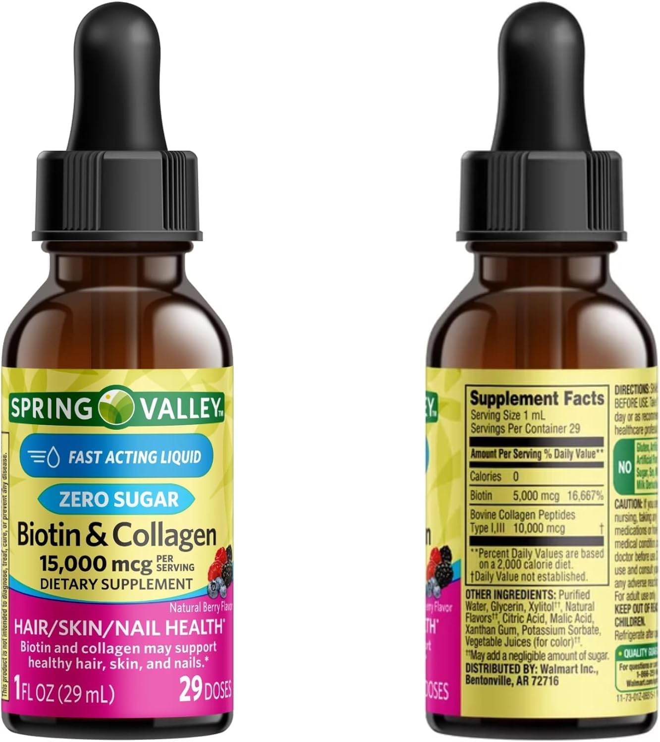 Biotina y Colágeno Líquido 15000μg, Sabor Natural a Bayas, Gotas para Cabello, Piel y Uñas (Pack de 2)