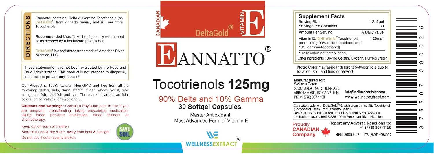 WELLNESS EXTRACT Eannatto Tocotrienols - Vitamina E sin Tocoferoles, 125 mg, 30 Cápsulas Blandas