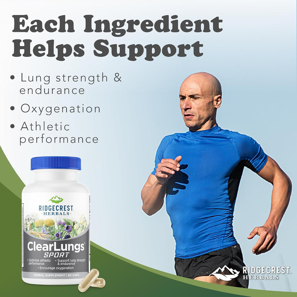 RidgeCrest Herbals ClearLungs Sport - Fórmula de Apoyo Respiratorio con Cordyceps, Rhodiola y Eleuthero | 60 Cápsulas Veganas