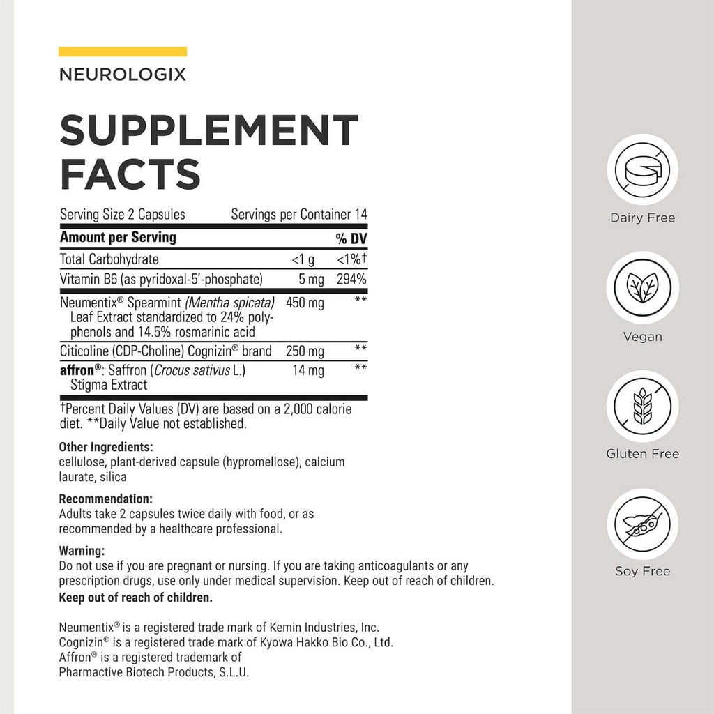 Integrative Therapeutics Neurologix - Nootrópico con Azafrán y CDP-Colina - 28 Cápsulas