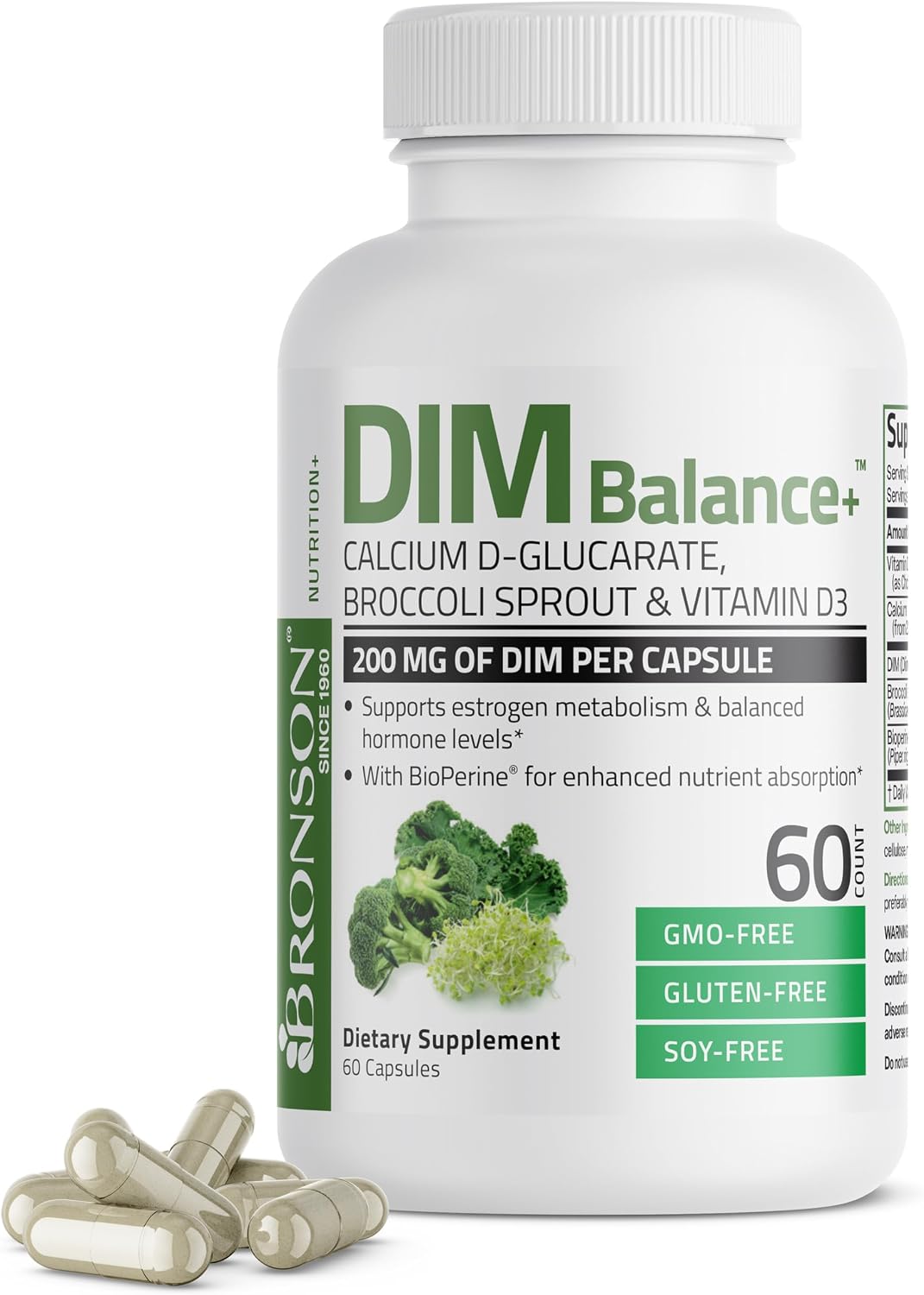 Bronson DIM Balance+ con Calcio D-Glucarato, Extracto de Brotes de Brócoli y Vitamina D3 | 200 mg de DIM por Cápsula | Apoya el Metabolismo del Estrógeno y el Equilibrio Hormonal | 60 Cápsulas Vegetales
