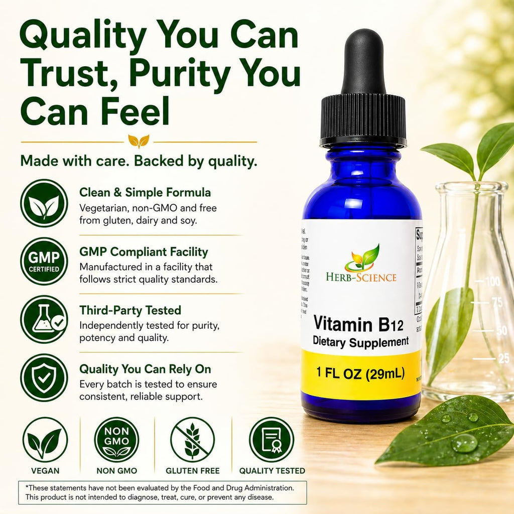 Herb-Science Vitamina B12 Líquida – Gotas Sublinguales de Cianocobalamina, Vegano, Sin Alcohol, 30 ml