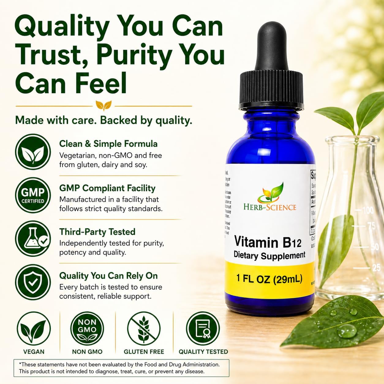 Herb-Science Vitamina B12 Líquida – Gotas Sublinguales de Cianocobalamina, Vegano, Sin Alcohol, 30 ml