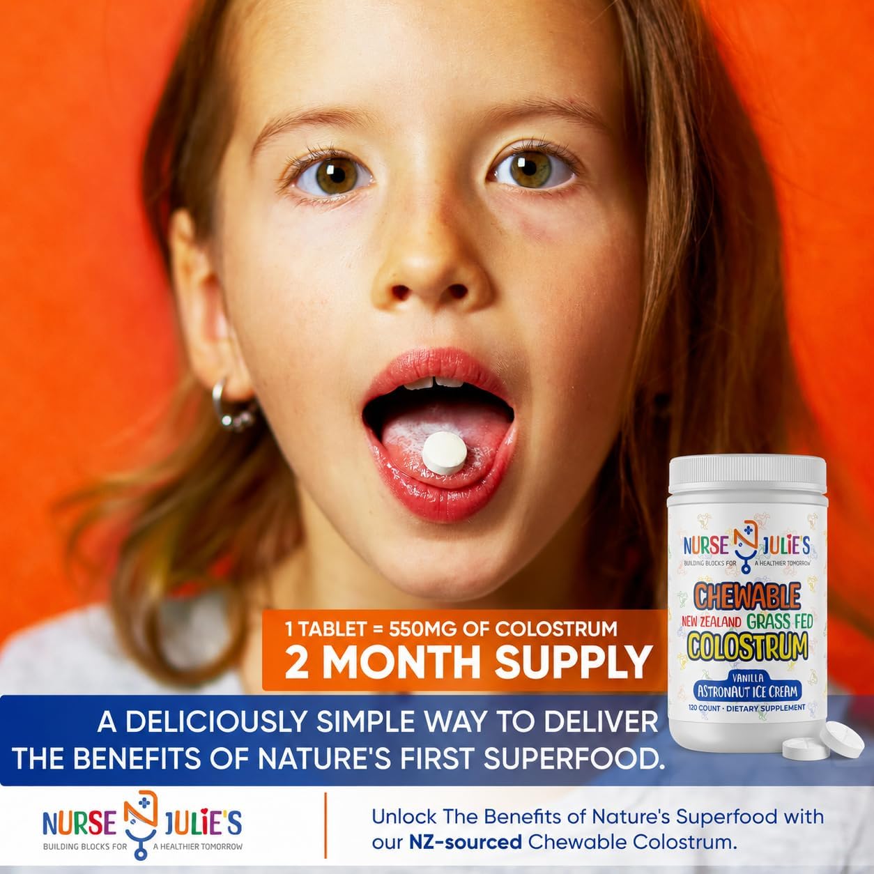 Colostro Masticable para Niños de Nurse Julie's - 120 Comprimidos - Apoyo Inmunitario y Digestivo