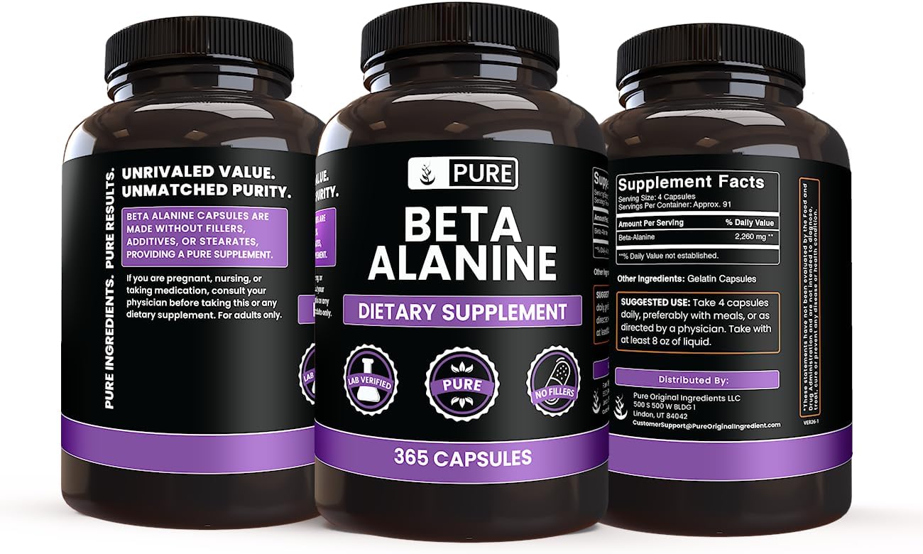 Pure Original Ingredients Beta Alanina, 365 Cápsulas - Siempre Puro, Sin Aditivos ni Rellenos, Verificado en Laboratorio