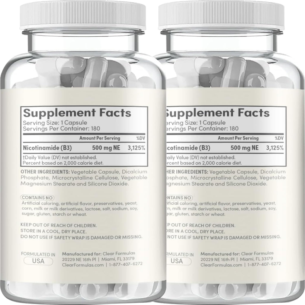 Vitamina B3 Nicotinamida 500 mg - Alta Absorción Sin Enrojecimiento - Precursor NAD+ - 360 Cápsulas