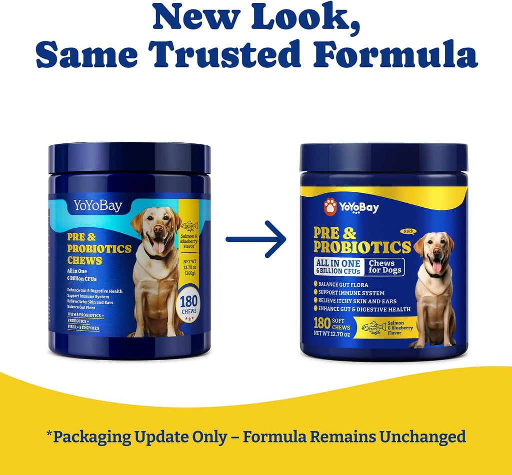 YoYoBay Probióticos para Perros - 180 Chews Blandos Sabor Salmón y Arándano - 6 Mil Millones de UFC con Prebióticos y Enzimas Digestivas