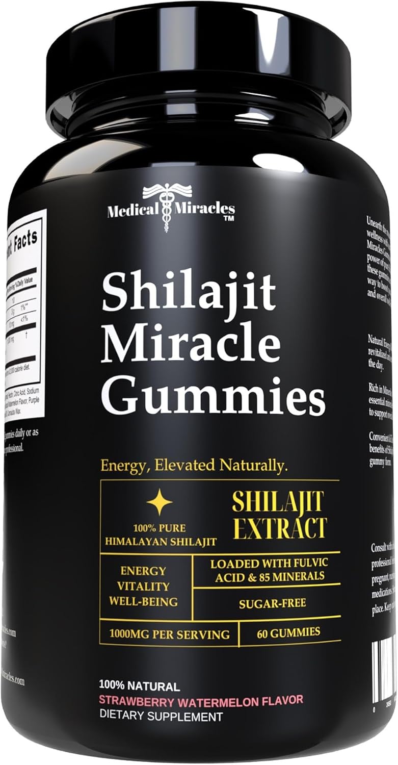 Medical Miracles Shilajit Gominolas de Energía Sin Azúcar 1000mg, Complejo Mineral Himalaya con Ácido Fúlvico, Suplemento Vegano Sabor Frambuesa y Sandía, 60 Unidades