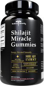Medical Miracles Shilajit Gominolas de Energía Sin Azúcar 1000mg, Complejo Mineral Himalaya con Ácido Fúlvico, Suplemento Vegano Sabor Frambuesa y Sandía, 60 Unidades