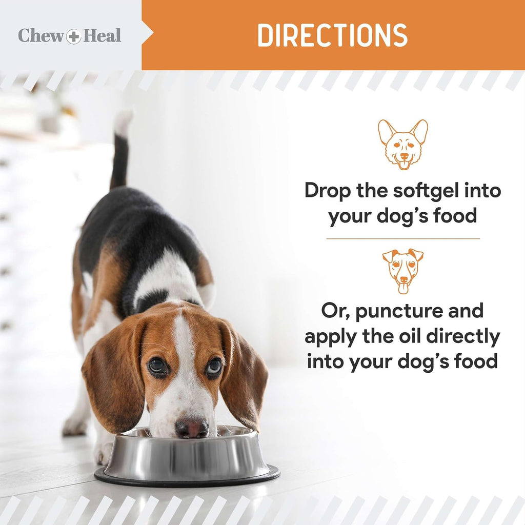 Chew + Heal Labs Aceite de Pescado Omega 3 para Perros Pequeños y Cachorros - 180 Mini Cápsulas Blandas - 300mg Aceite de Salmón Salvaje - EPA y DHA