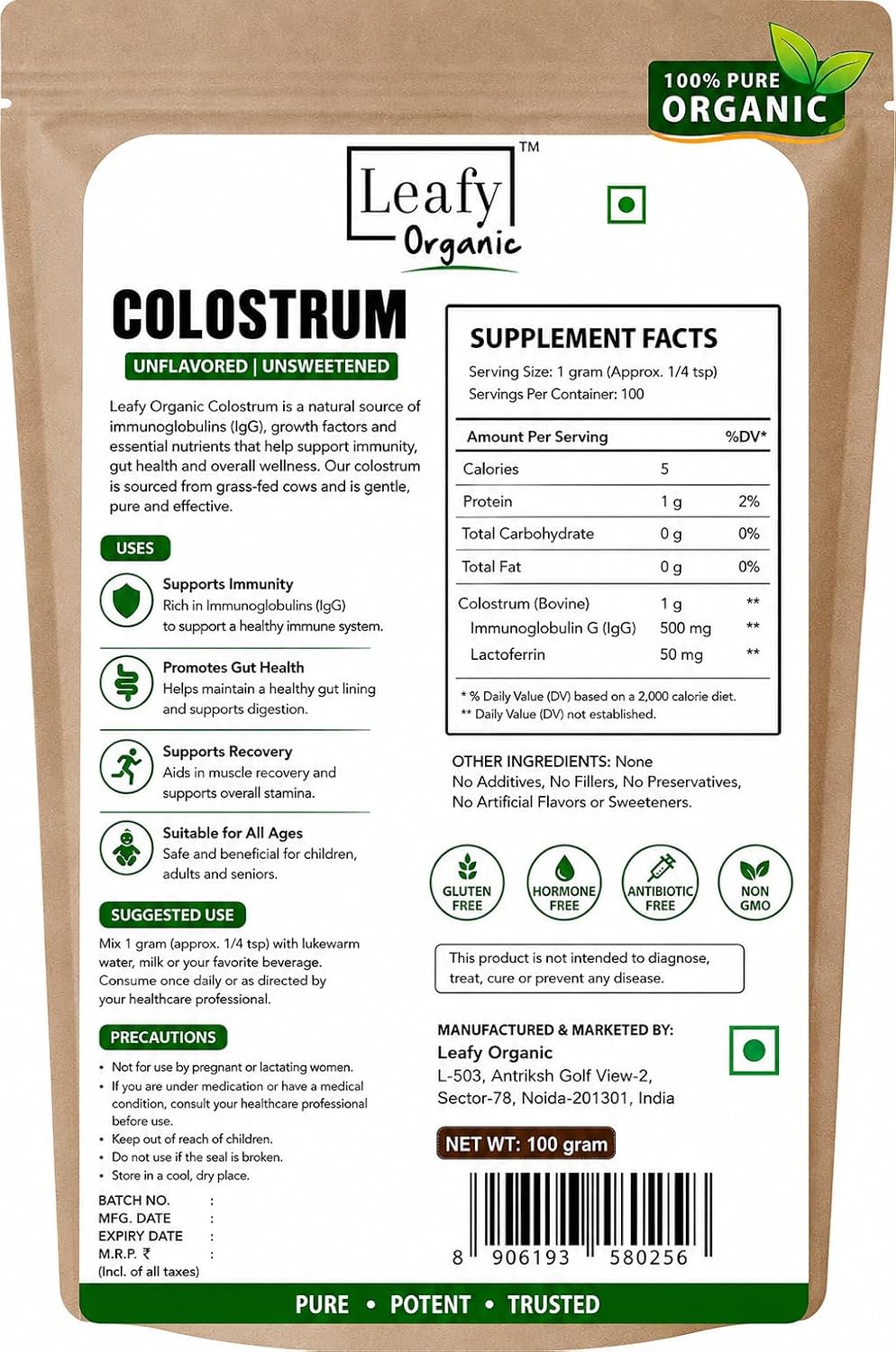 Leafy Organic Calostro en Polvo Puro 100% - Suplemento para la Salud Intestinal y el Sistema Inmunológico, 50% IgG, Sin Sabor (100g)