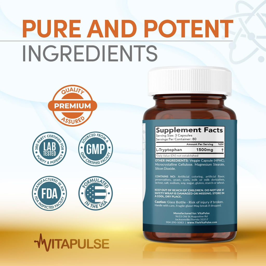 VitaPulse L-Triptófano 1500mg, 240 Cápsulas, Fórmula Nocturna, No Transgénico