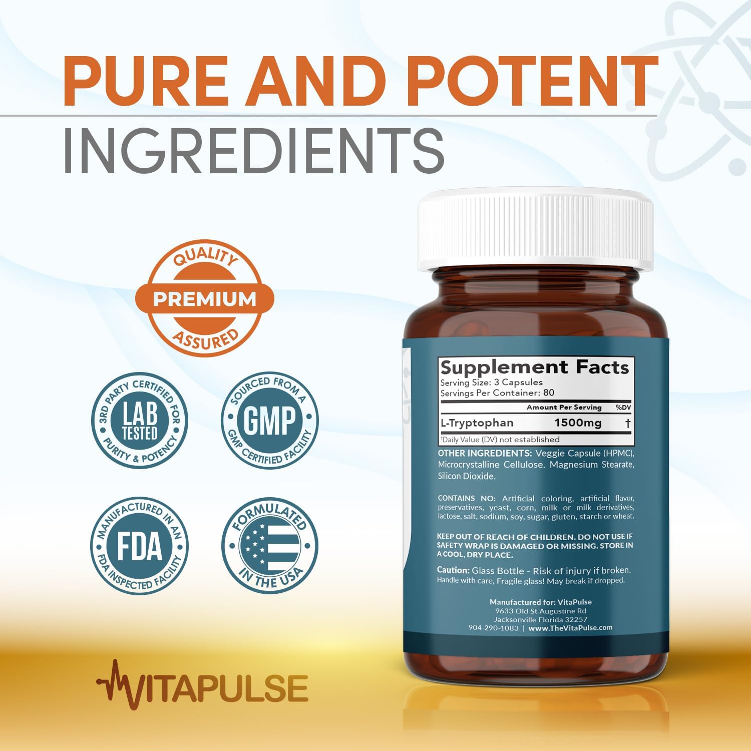 VitaPulse L-Triptófano 1500mg, 240 Cápsulas, Fórmula Nocturna, No Transgénico