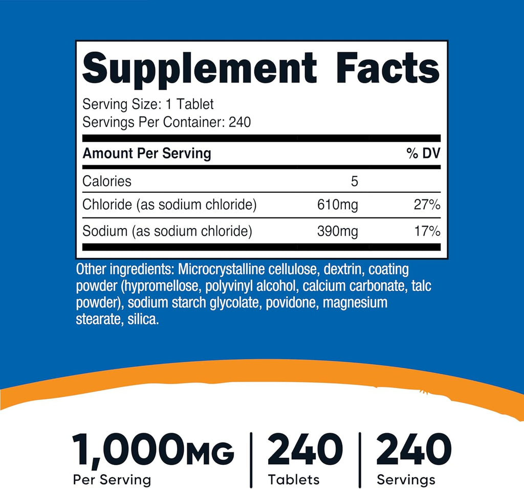 Nutricost Cloruro Sódico 1000mg, 240 Comprimidos - Comprimidos de Sal, No OGM, Sin Gluten