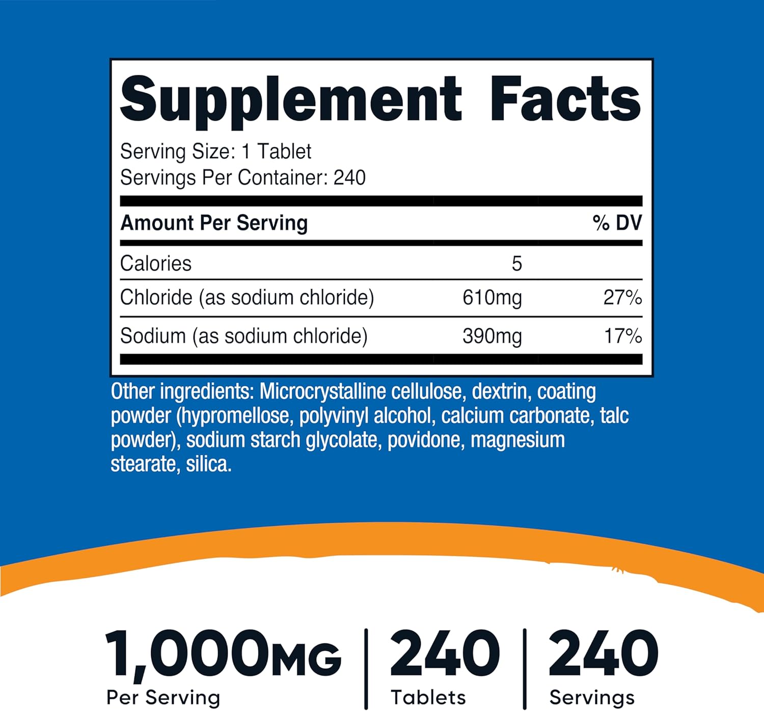 Nutricost Cloruro Sódico 1000mg, 240 Comprimidos - Comprimidos de Sal, No OGM, Sin Gluten