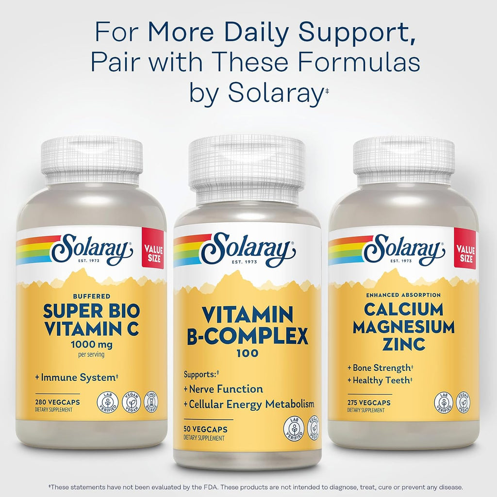 SOLARAY Complejo B 100mg - Energía Celular, Apoyo Nervioso y Cardíaco - 8 Vitaminas B - B12, B1, B2, B3, B6, Niacina, Ácido Fólico y Biotina - Vegano, 50 Cápsulas