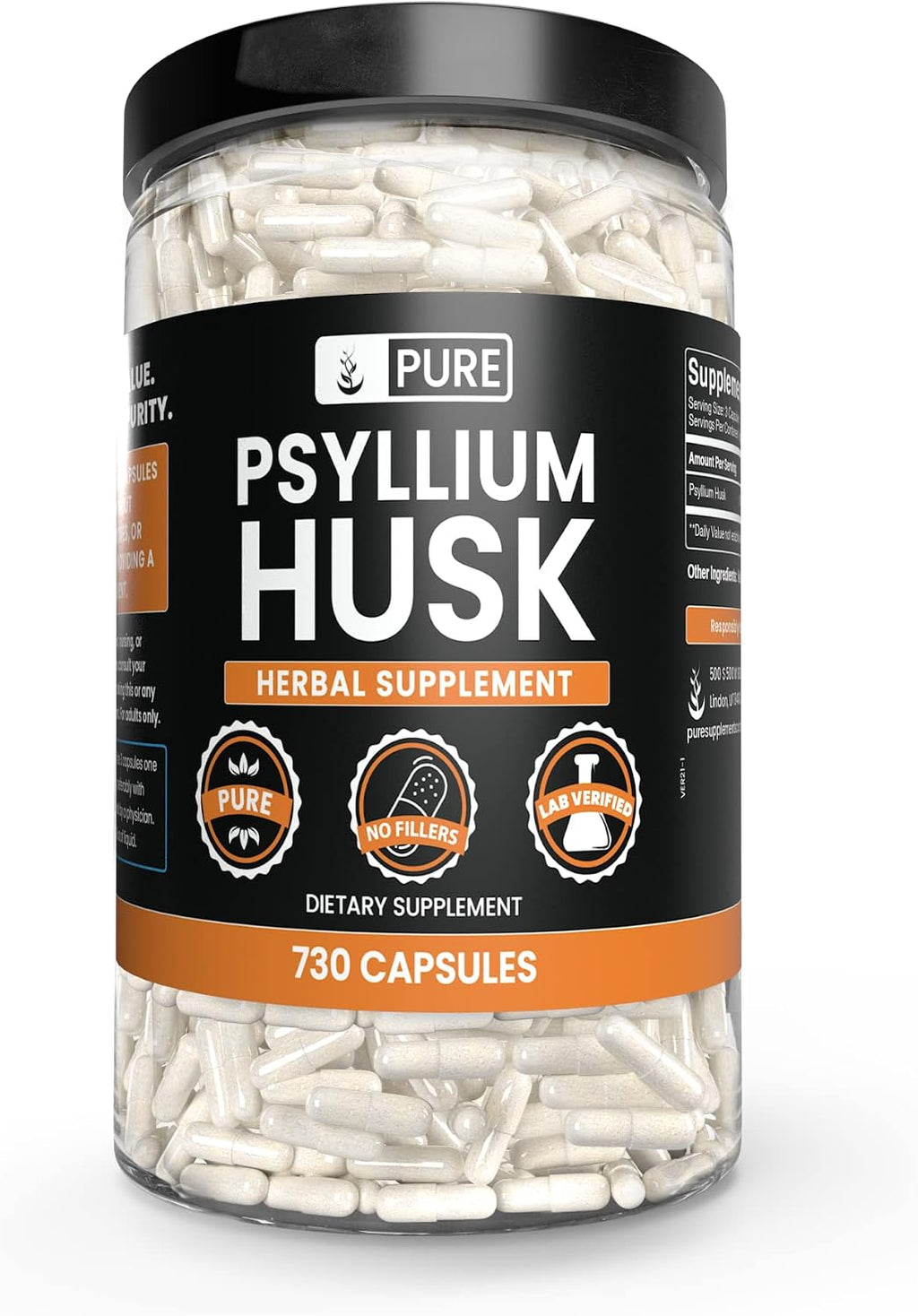 PURE ORIGINAL INGREDIENTS Psyllium Husk (730 Cápsulas) - Puro, Sin Rellenos, Verificado en Laboratorio