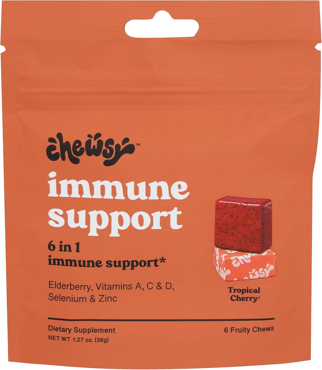 Chewsy - 6 en 1 Apoyo Inmunológico con Saúco, Vitaminas C, A y D, Zinc y Selenio - Caramelos de Fruta Individualmente Envueltos - 6 Días