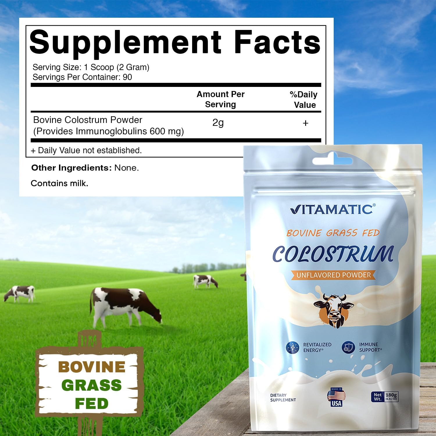 Vitamatic Calostro Bovino en Polvo 30% IgG - 180 g - Apoyo Inmunitario y Digestivo - Sin Sabor