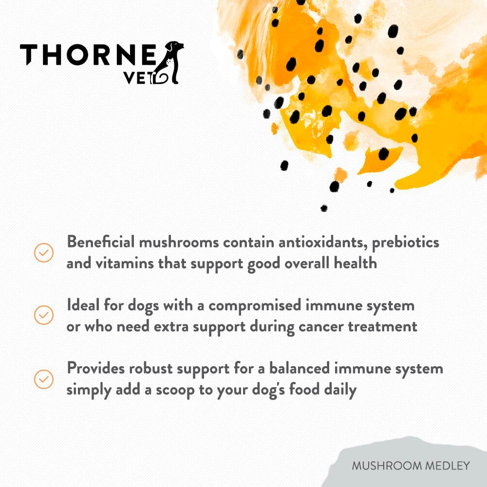 ThorneVet Mushroom Medley para Perros - Apoyo Inmunológico y Antioxidantes - con Reishi, Cola de Pavo, Cordyceps, Maitake y Chaga - Apoyo para Perros en Tratamiento contra el Cáncer - 120 Dosis