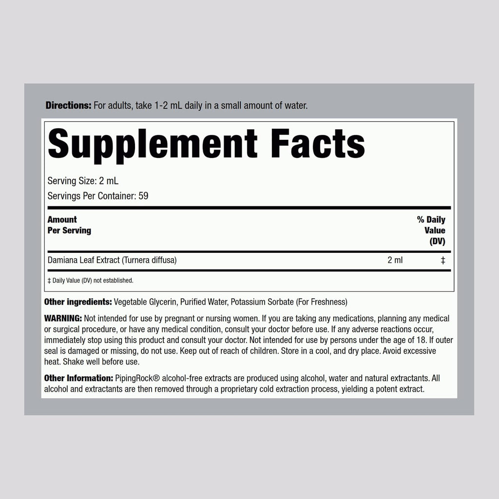 Extracto Líquido de Hoja de Damiana de Piping Rock - 118 ml - Tintura Sin Alcohol, Sin Gluten, No-GMO, Vegano