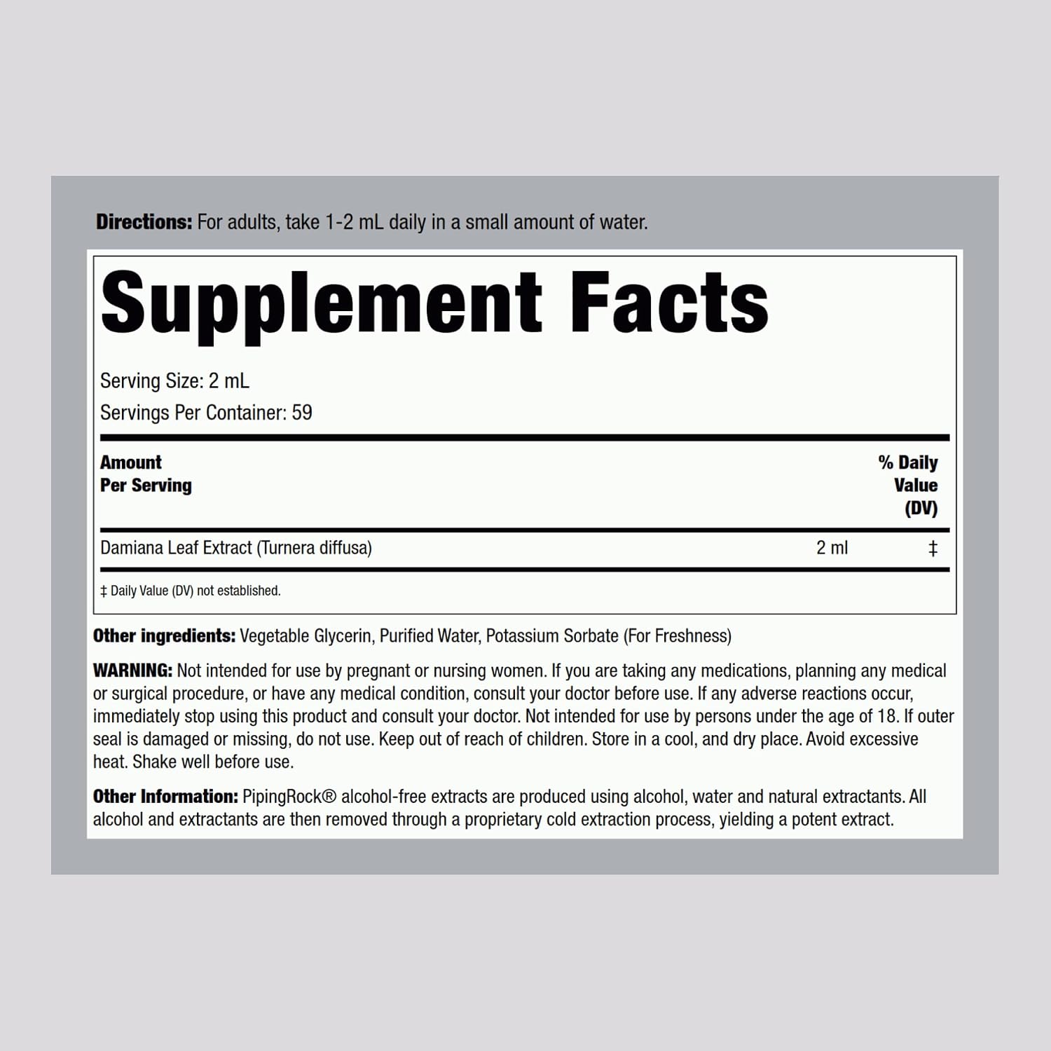 Extracto Líquido de Hoja de Damiana de Piping Rock - 118 ml - Tintura Sin Alcohol, Sin Gluten, No-GMO, Vegano