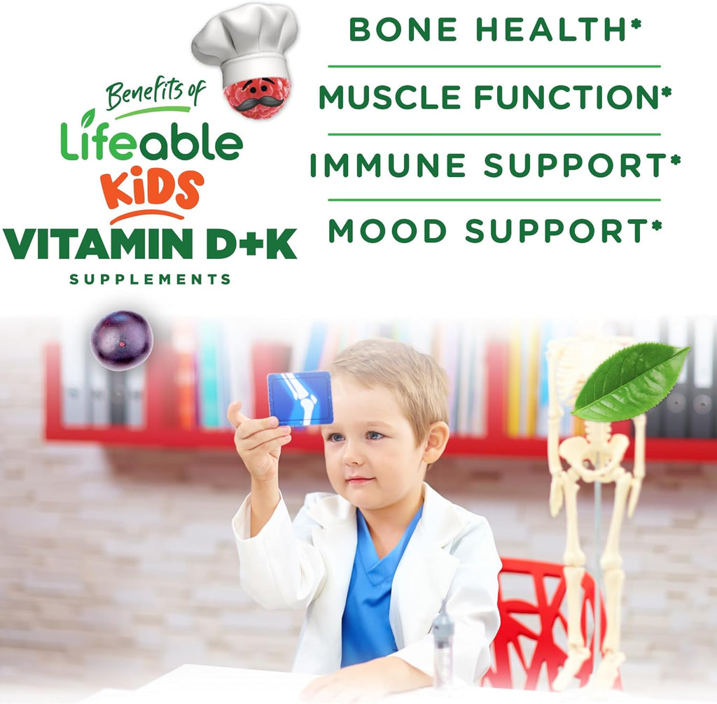 Lifeable Kids Vitamin D3 K2 Gummies - 500 UI D3 + 100 mcg K2 - 60 Gominolas