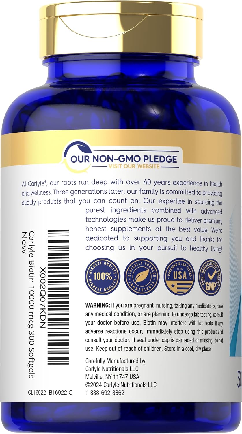 Carlyle Biotina 10000mcg | 300 Cápsulas Blandas | Alta Concentración para Cabello, Piel y Uñas | Sin Gluten, No GMO