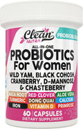 Clean Nutraceuticals Probióticos para Mujeres con D-Manosa, Arándano Rojo, Ñame Salvaje, Sauzgatillo - 20 Cepas Probióticas y Prebióticas - Equilibrio del pH, Probiótico Femenino para la Salud Digestiva - 60 Cápsulas