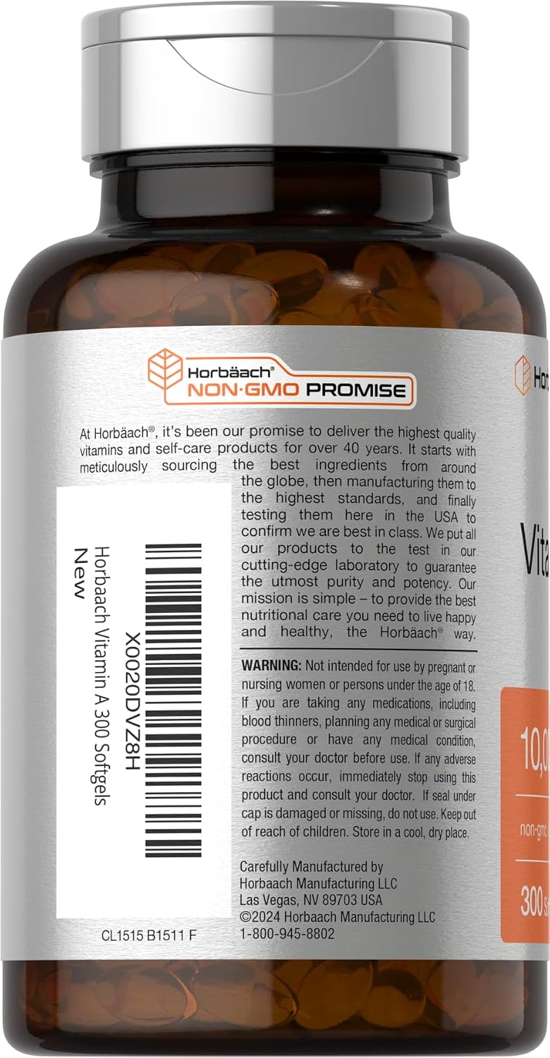 Horbäach Vitamina A 10000 UI Cápsulas Blandas | 300 Unidades | Complemento Alimenticio Sin Gluten, No-GMO