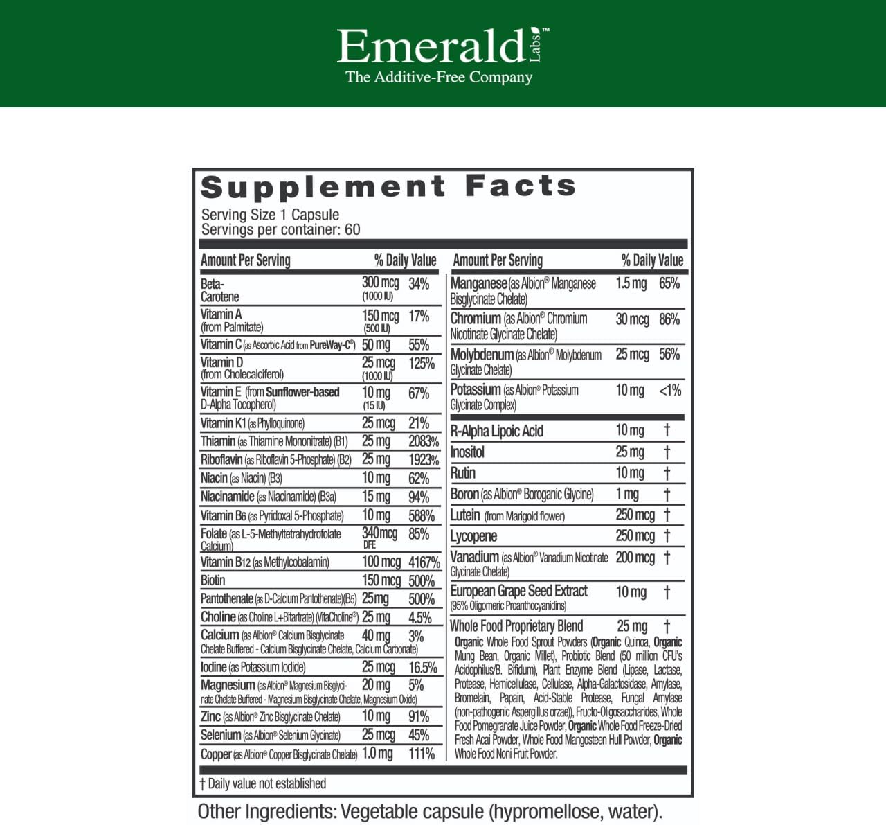 EMERALD LABS Complete 1-Daily Multi - Multivitamínico Diario Completo, 60 Cápsulas Vegetales