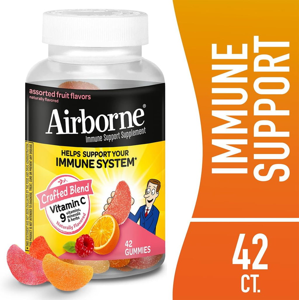 Airborne 750 mg Vitamina C Gomitas para el Apoyo Inmunológico, Sabor a Frutas Variadas, Sin Gluten, 42 Gomitas (2 Paquetes)