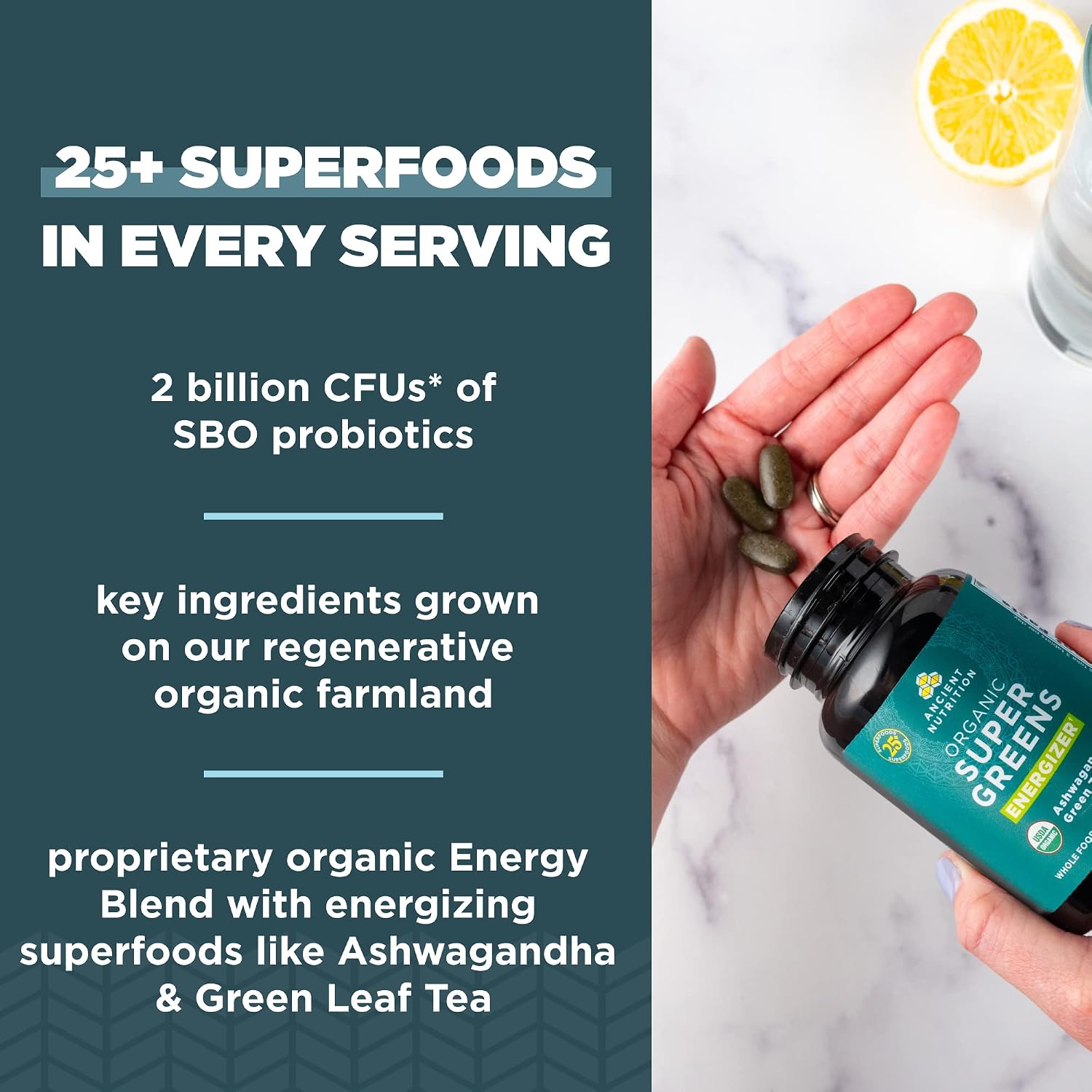 Ancient Nutrition Supergreens Energizer, Comprimidos Orgánicos con Cafeína, 90 uds