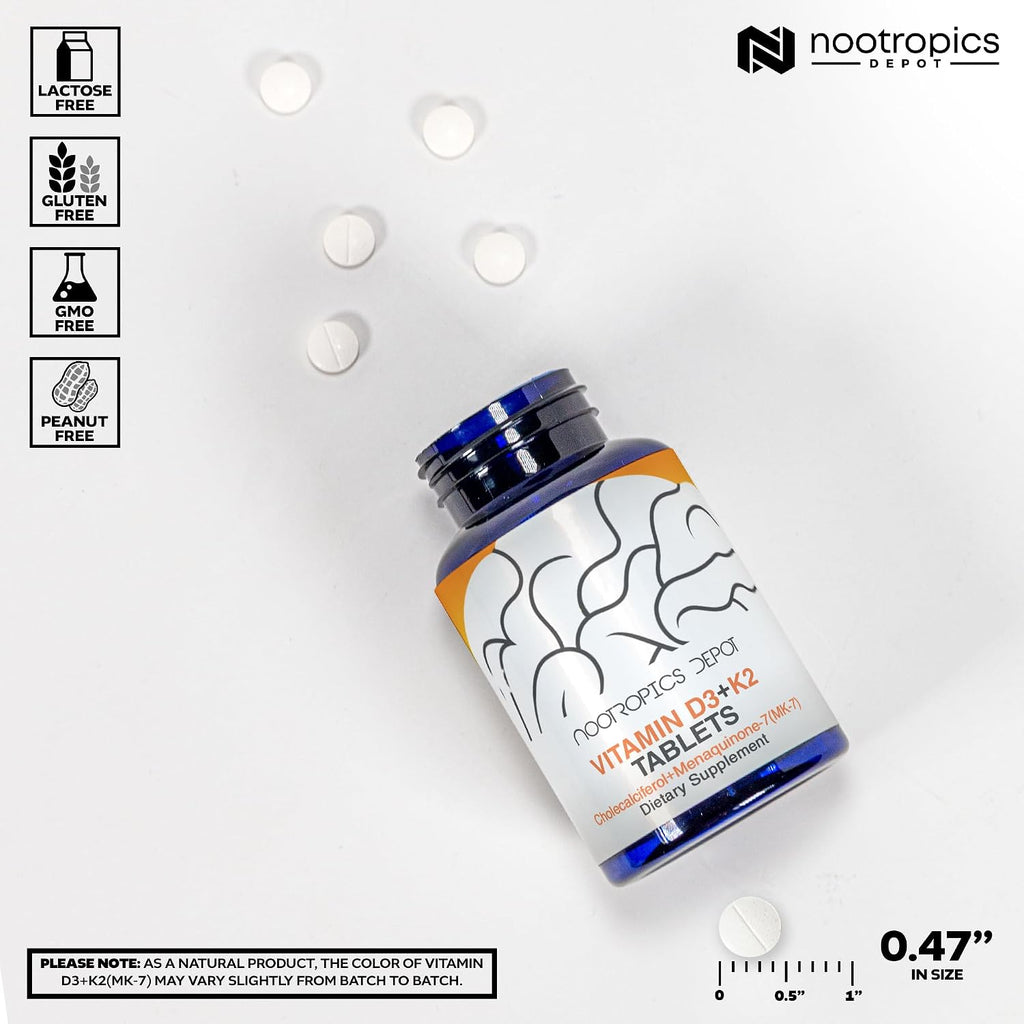 Nootropics Depot Vitamina D3+K2 con Vitamina C - 365 comprimidos - 125μg (5000 UI) - Año de suministro