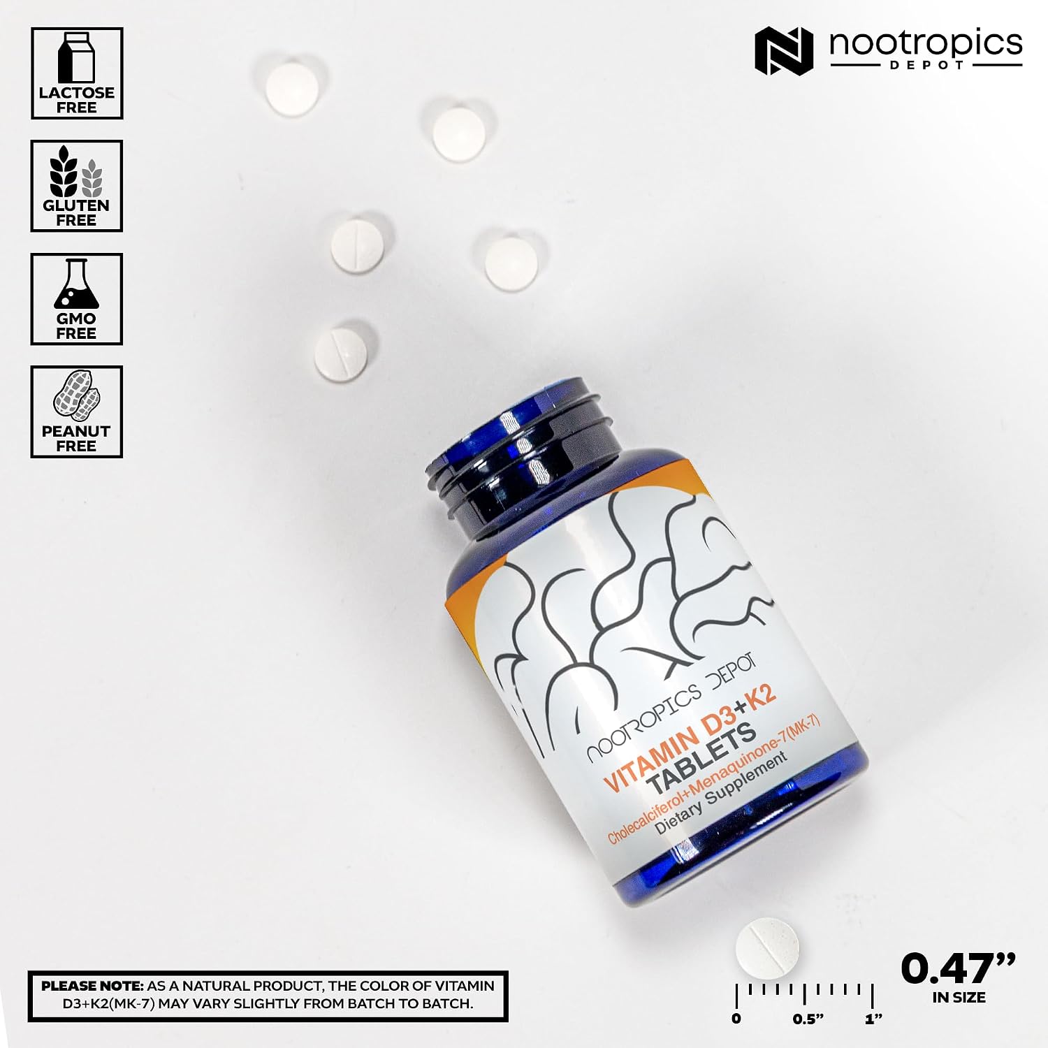 Nootropics Depot Vitamina D3+K2 con Vitamina C - 365 comprimidos - 125μg (5000 UI) - Año de suministro