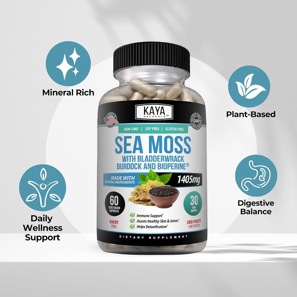 Kaya Naturals Sea Moss – Suplemento de Movilidad con Burdock Root y Bladderwrack (60 Cápsulas Vegetales)