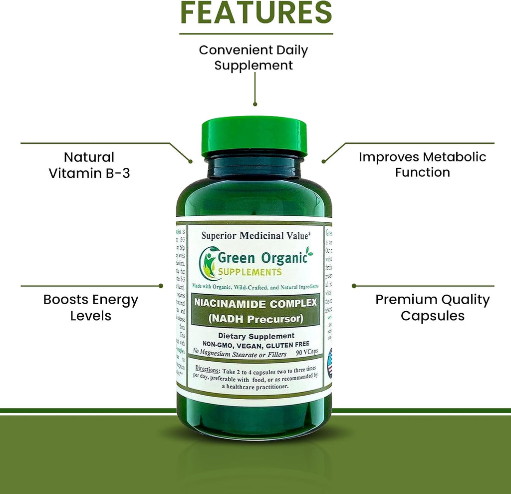 Green Organic Supplements Niacinamida, Niacina, NAD, NADH, Alta Absorción, No Transgénico, Sin Gluten (Pack de 4)