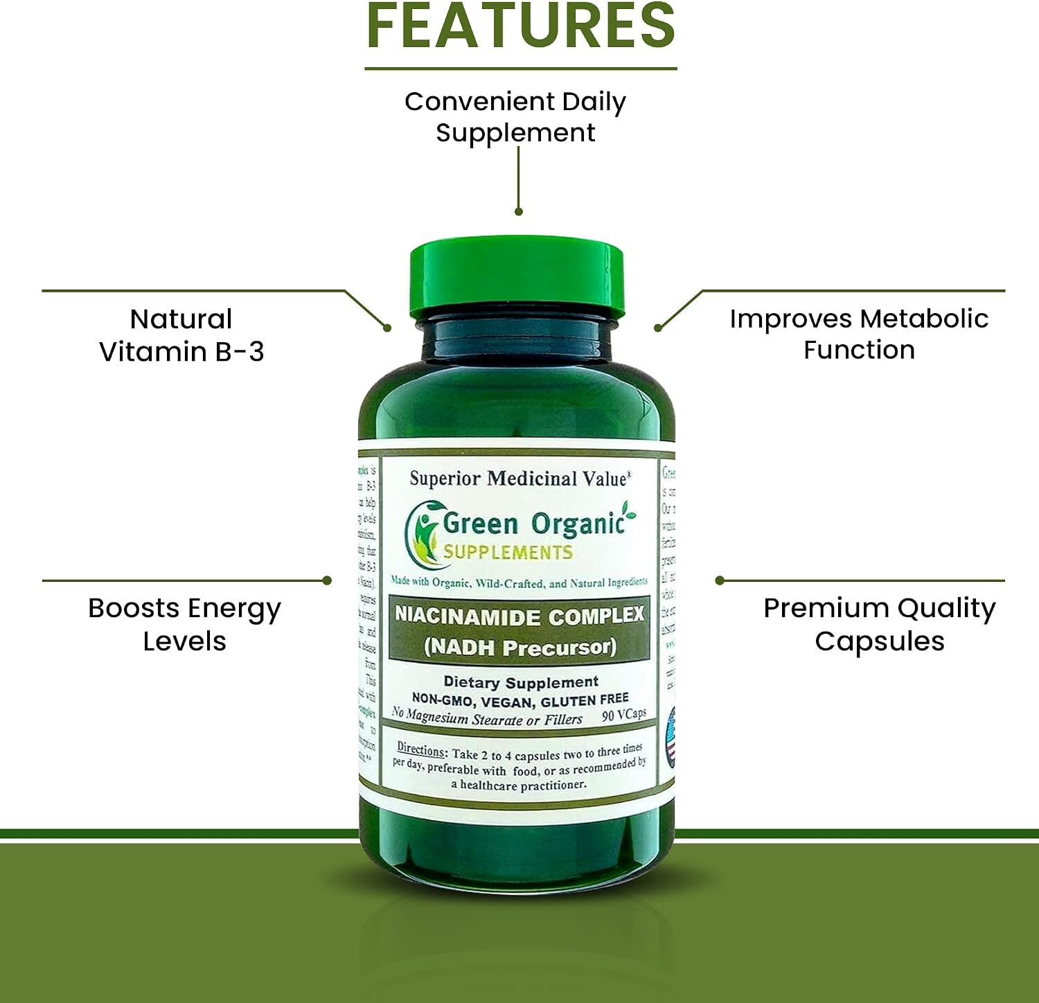 Green Organic Supplements Niacinamida, Niacina, NAD, NADH, Alta Absorción, No Transgénico, Sin Gluten (Pack de 4)
