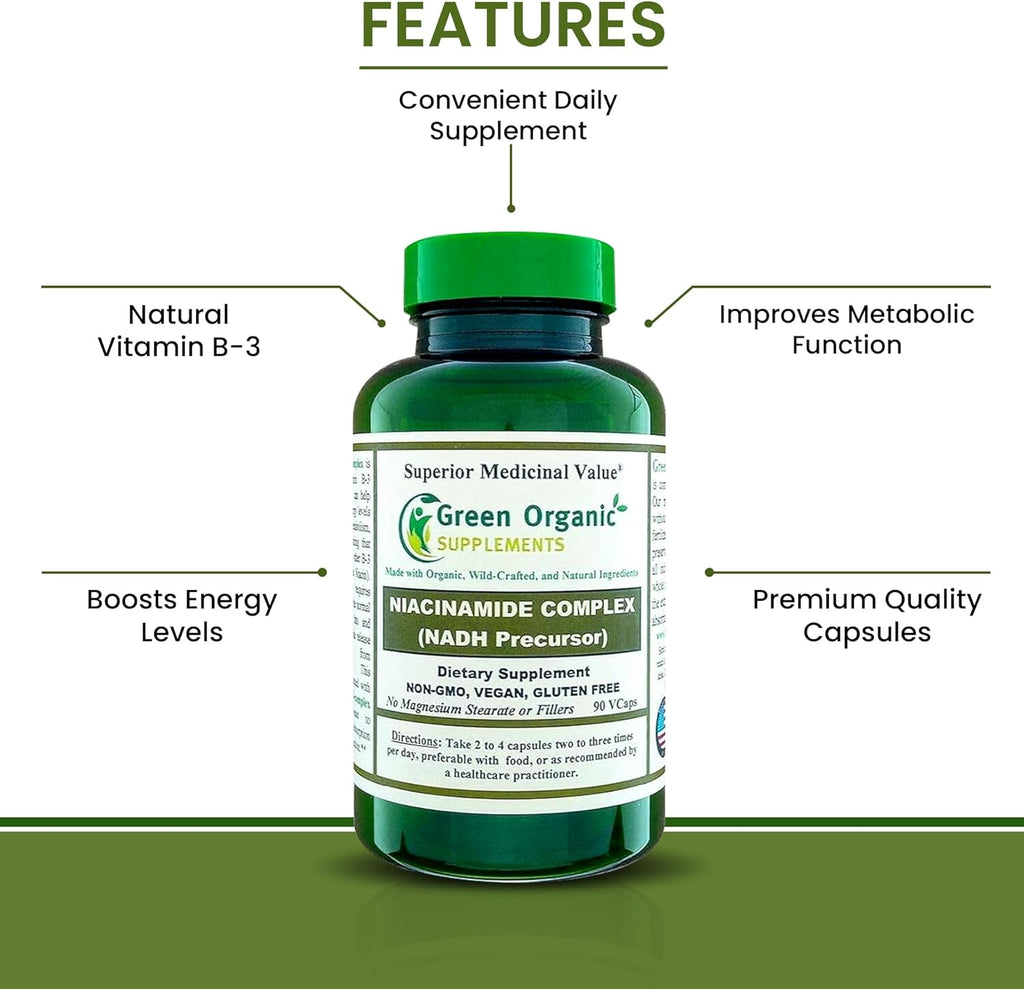 Green Organic Supplements Niacinamida, Niacina, NAD, NADH, Alta Absorción, No Transgénico, Sin Gluten (Pack de 5)