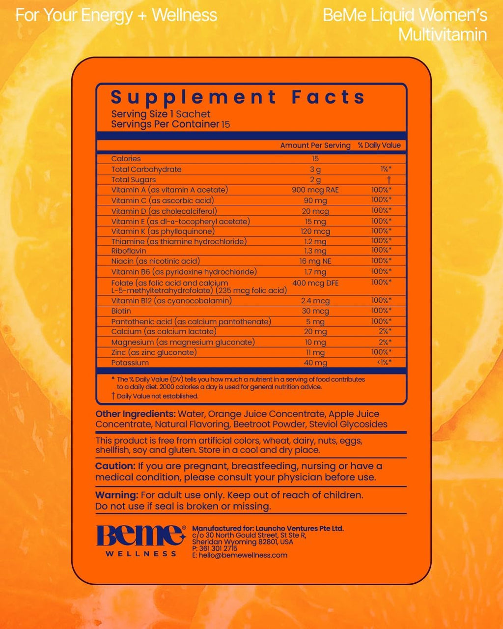 BeMe Multivitamínico Líquido para Mujeres - 13 Vitaminas y Minerales - 15 Sobres, Sabor Naranja