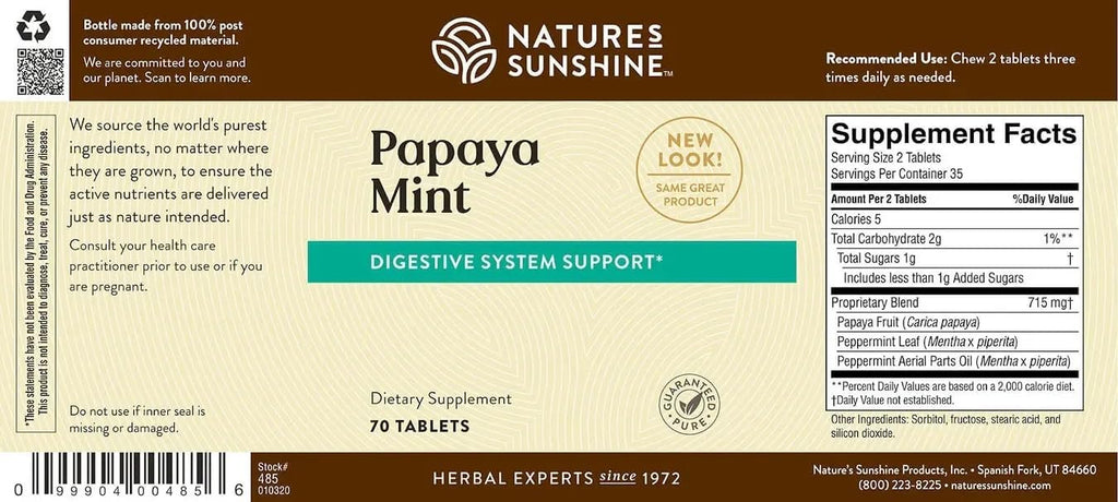 Nature's Sunshine Papaya Mint Chewable Tablets 70 comprimidos