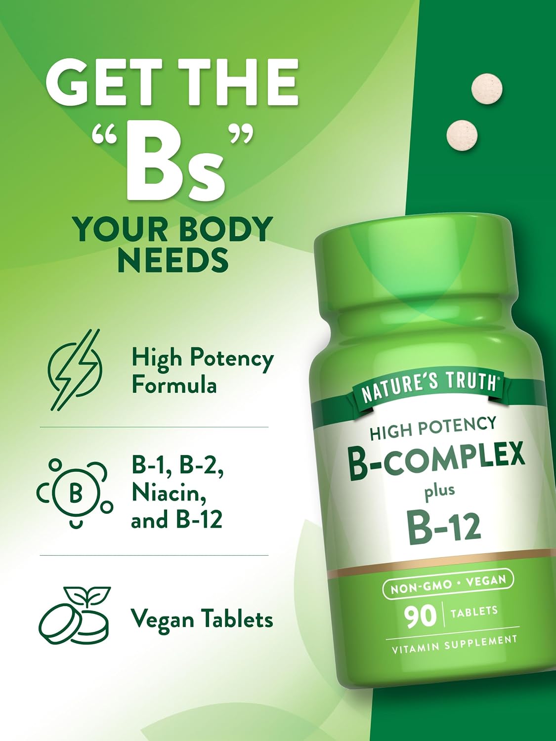 Nature's Truth Complejo B para Hombres y Mujeres con Vitaminas B1, B2 y B12, 90 Comprimidos, Alta Potencia, Vegano y No-GMO